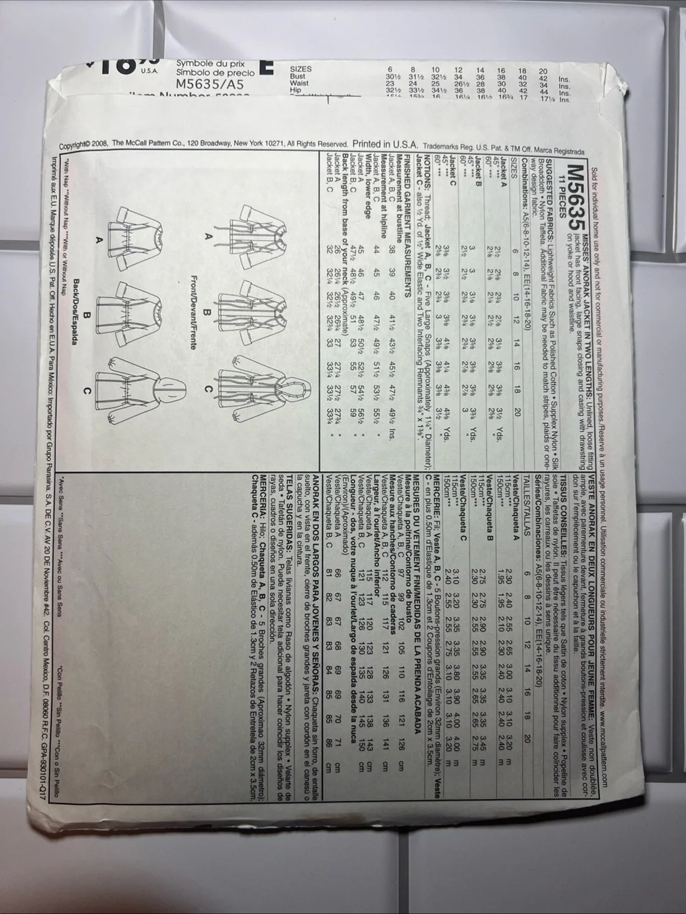 McCall’s M5635 Sewing Pattern Size A5 Opened Complete